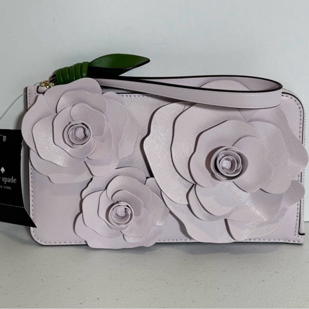 kate spade Lilac Floral Appliqué Wristlet with Green Leaf Accent